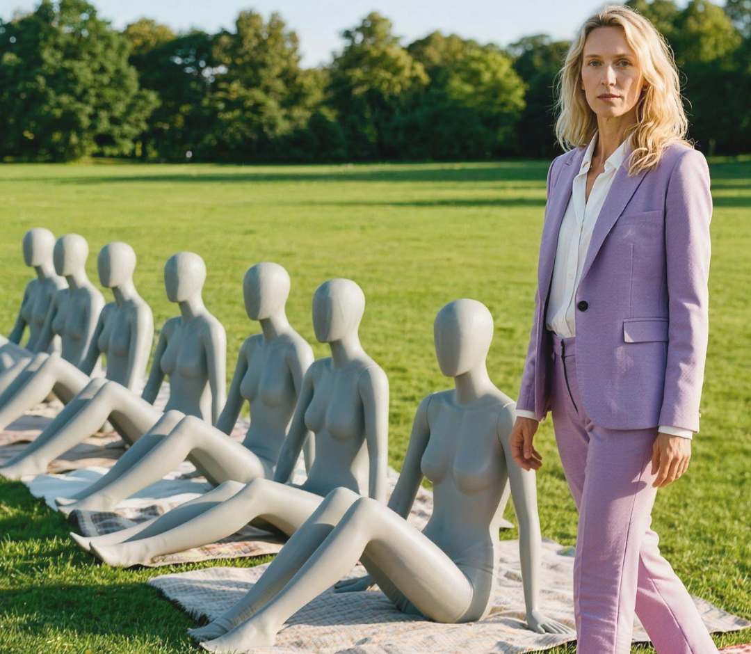 Editorial campaign photo: a woman in a lilac suit walks past a row of identical grey mannequins seated on picnic blankets.